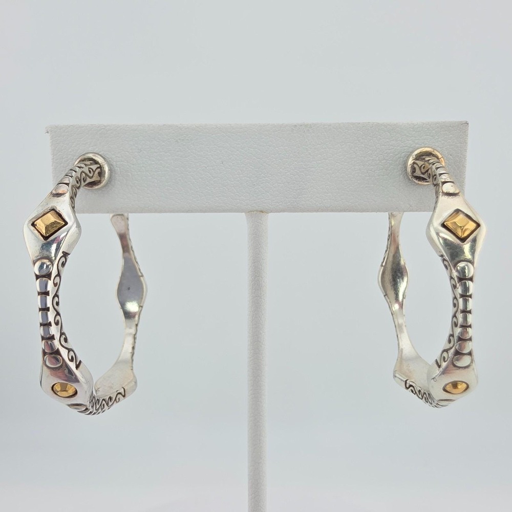 BRIGHTON Hoop Earrings Scrollwork Pyramid Shape Two-Tone Silver & Gold Plate